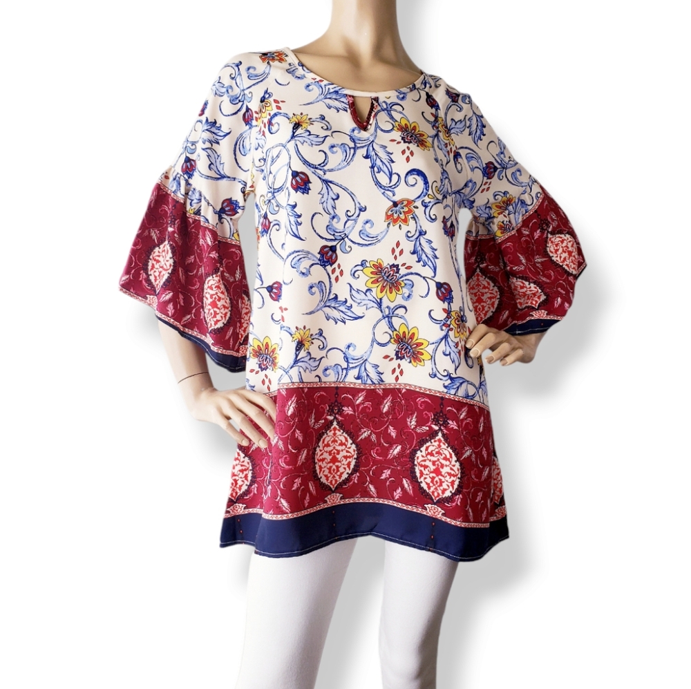 Crepas Floral Boho Tunic Bell Sleeve Blouse